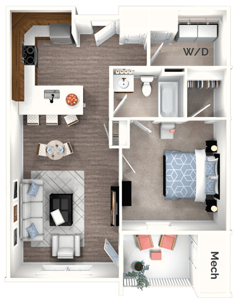 Floor plan for 1 bed, 1 bath, 762 sqft